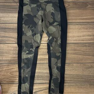 Athleta Olive Camo Leggings with Black Side Panels
